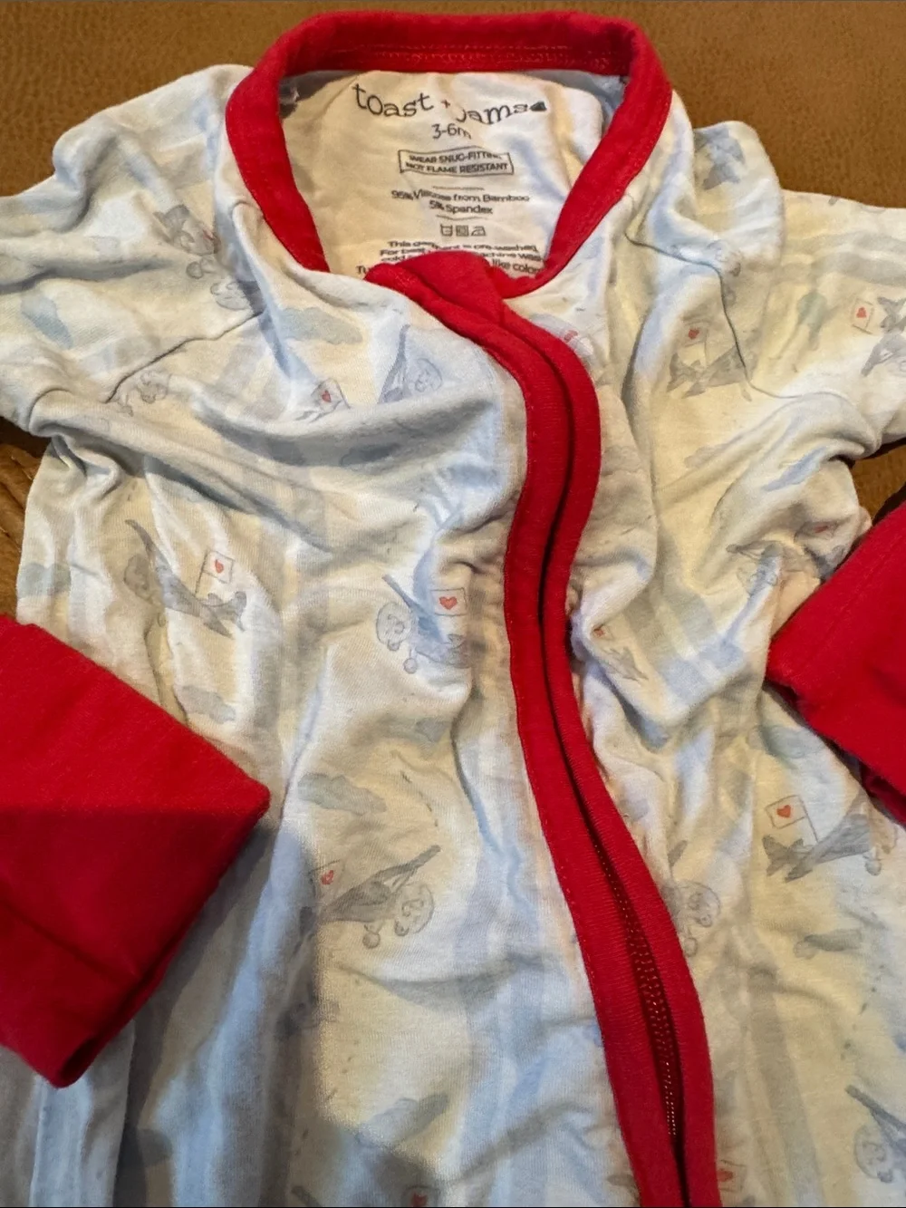 Toast + Jams Cream Airplane Footie with Red bamboo stretch pajamas 2 way zip